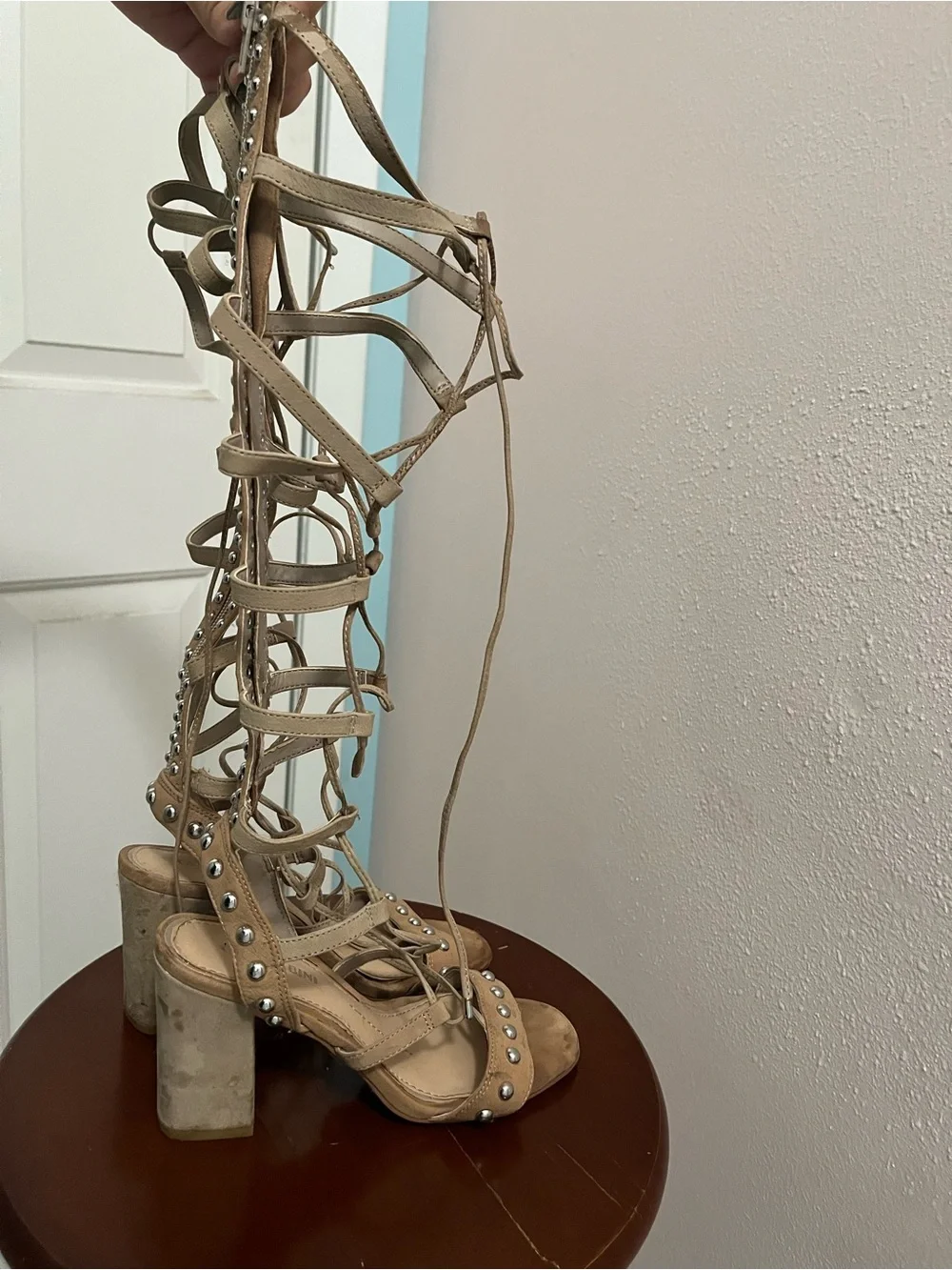 Gianni Bini Beige Lace-Up Studded Gladiator Heeled Sandals - Picture 2 of 4